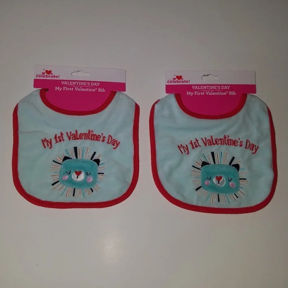 2 NEW My 1st Valentine's Day Blue Bibs Lot Baby Boy Lion? Holiday Gift